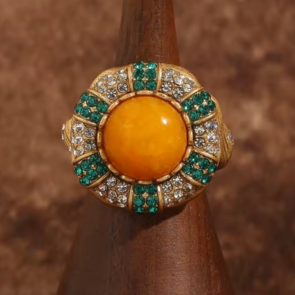 Collector’s Cabochon Ring Bold Amber Center Emerald & Diamond Timeless Elegance